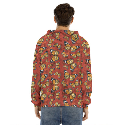 Orange Monarch Butterfly Print Men's Velvet Pullover Hoodie