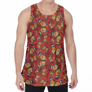 Orange Monarch Butterfly Print Men's Velvet Tank Top