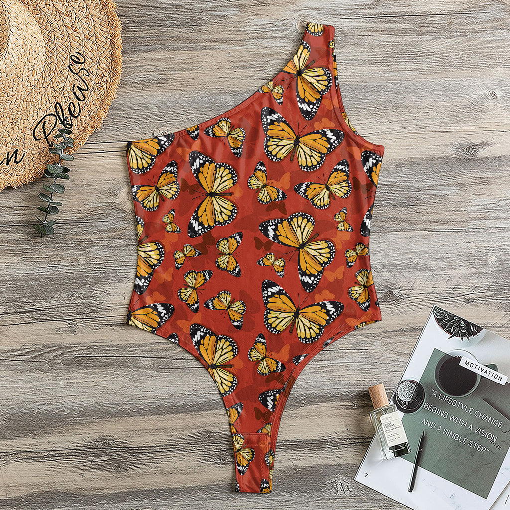 Orange Monarch Butterfly Print One Shoulder Bodysuit