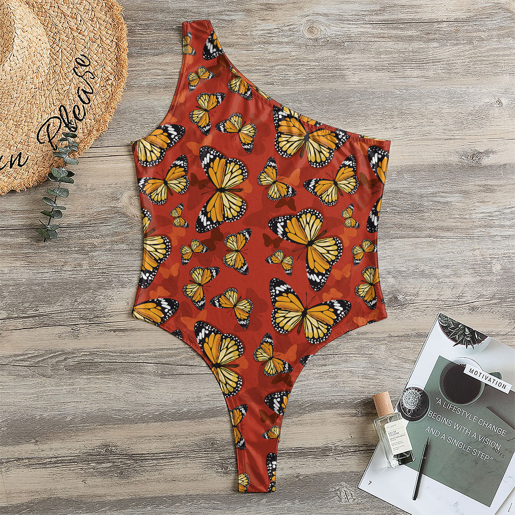 Orange Monarch Butterfly Print One Shoulder Bodysuit