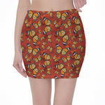 Orange Monarch Butterfly Print Pencil Mini Skirt