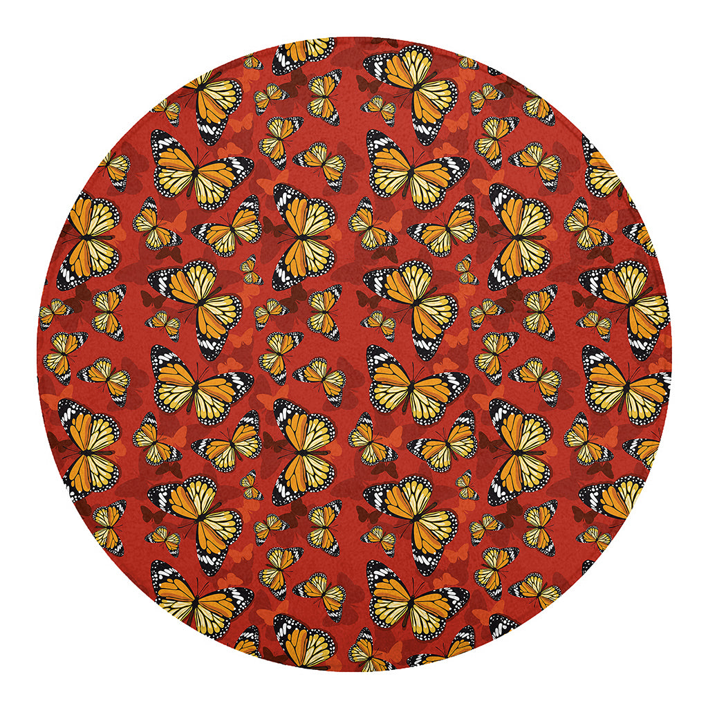 Orange Monarch Butterfly Print Round Blanket