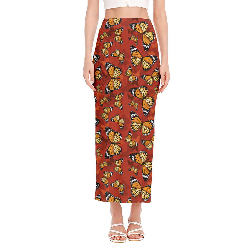 Orange Monarch Butterfly Print Side Slit Maxi Skirt