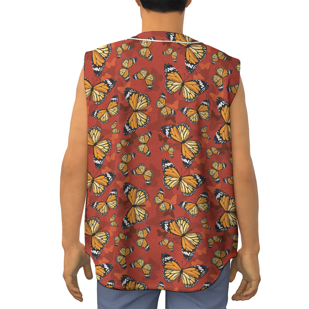 Orange Monarch Butterfly Print Sleeveless Baseball Jersey