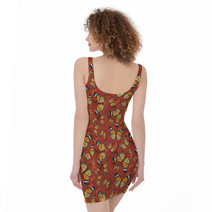 Orange Monarch Butterfly Print Sleeveless Bodycon Dress