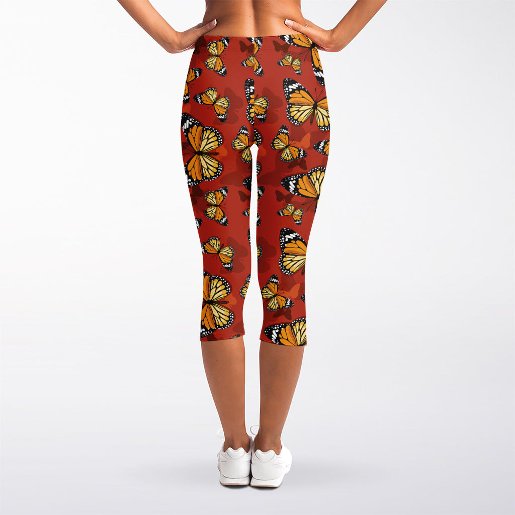 Orange Monarch Butterfly Print Women's Capri Leggings