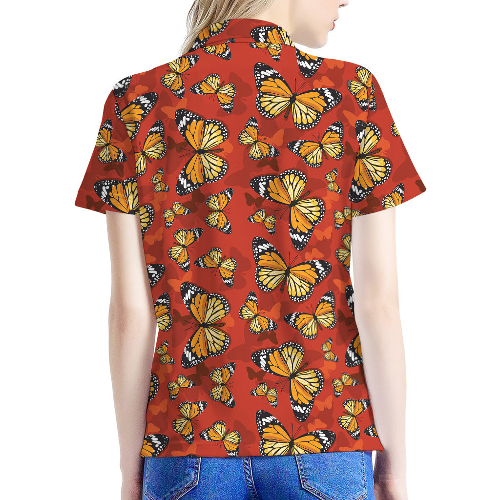 Orange Monarch Butterfly Print Women's Polo Shirt