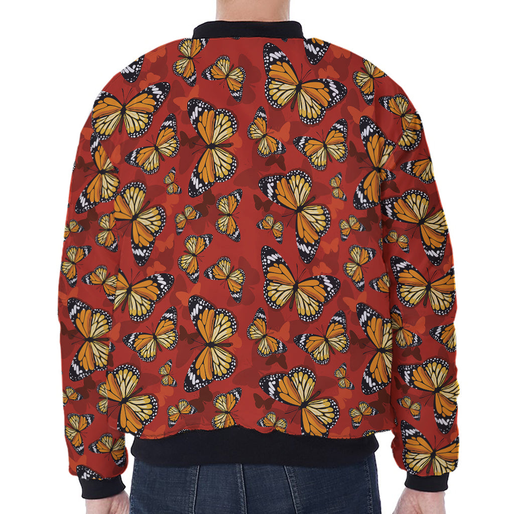 Orange Monarch Butterfly Print Zip Sleeve Bomber Jacket