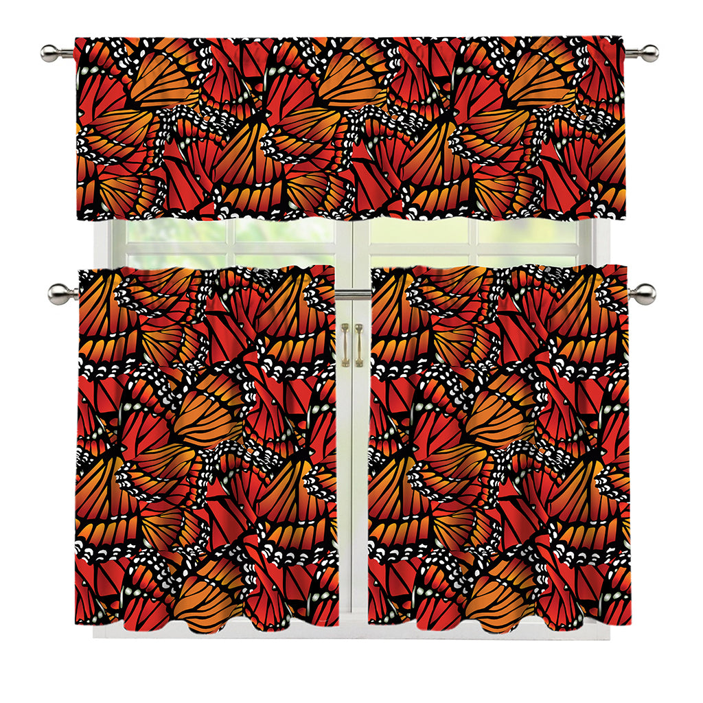 Orange Monarch Butterfly Wings Print 3 Piece Kitchen Curtains