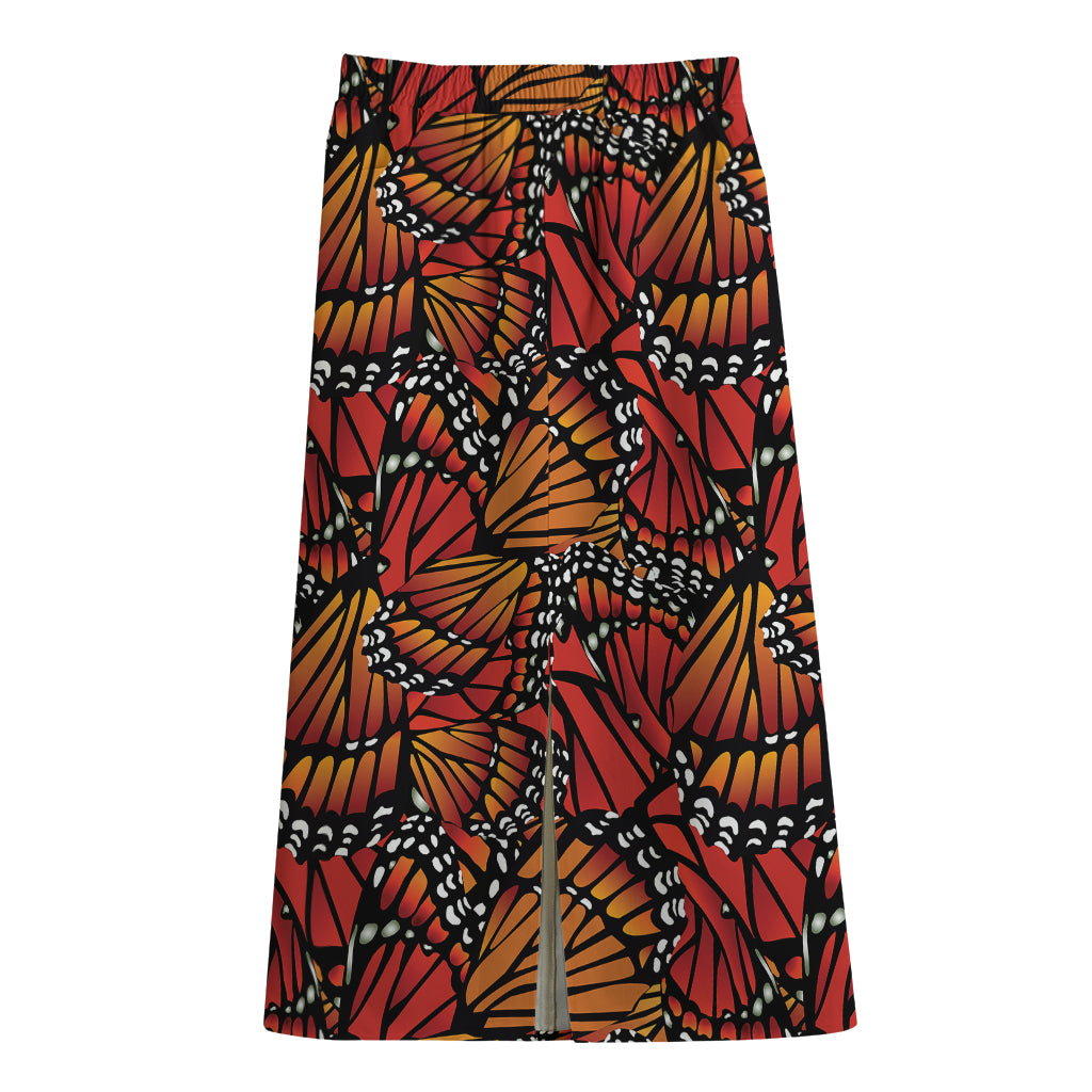 Orange Monarch Butterfly Wings Print Cotton Front Slit Maxi Skirt