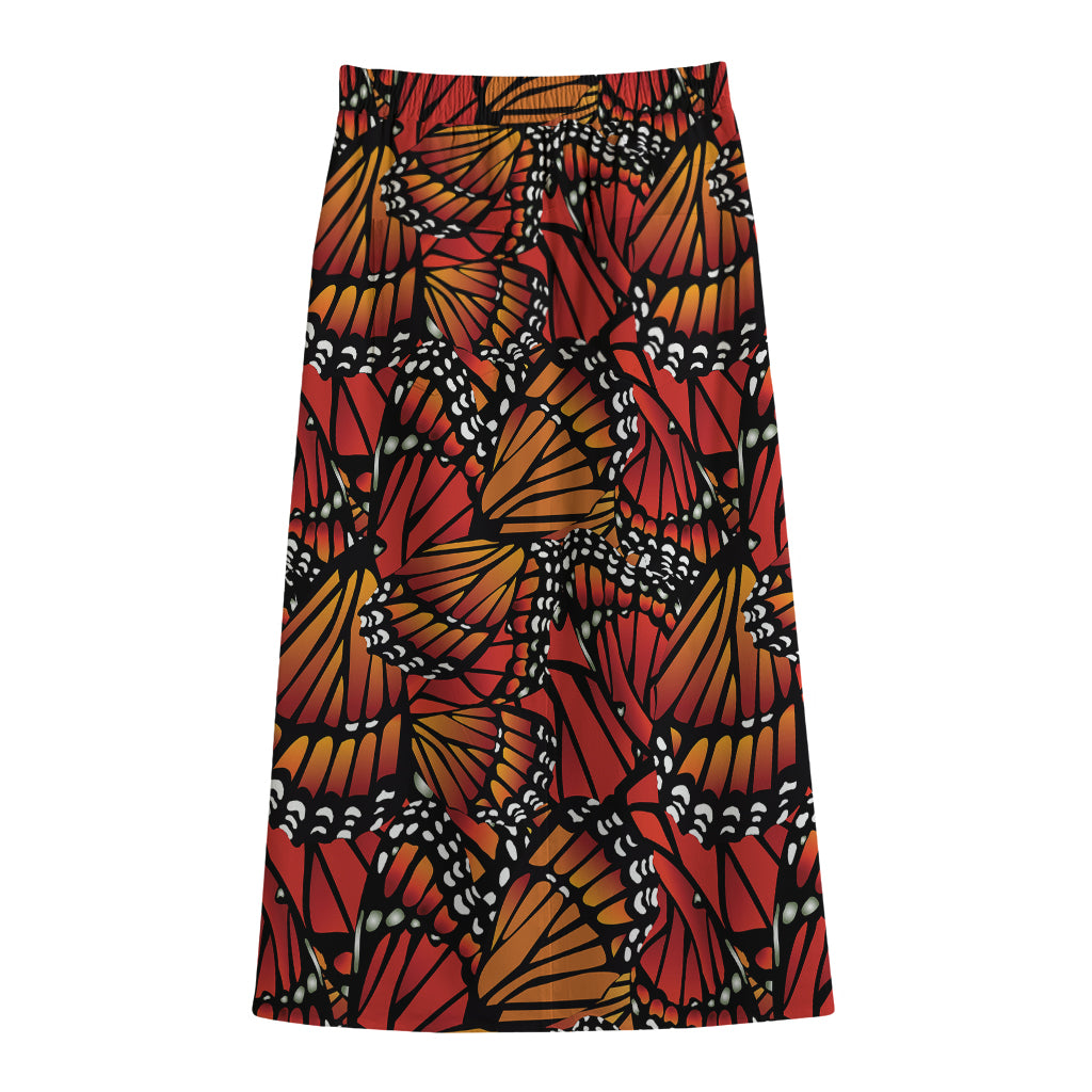 Orange Monarch Butterfly Wings Print Cotton Front Slit Maxi Skirt