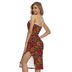 Orange Monarch Butterfly Wings Print Cross Back Cami Dress