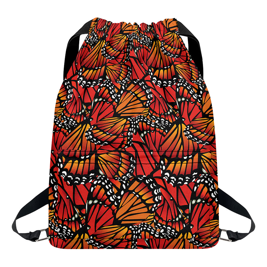 Orange Monarch Butterfly Wings Print Drawstring Backpack