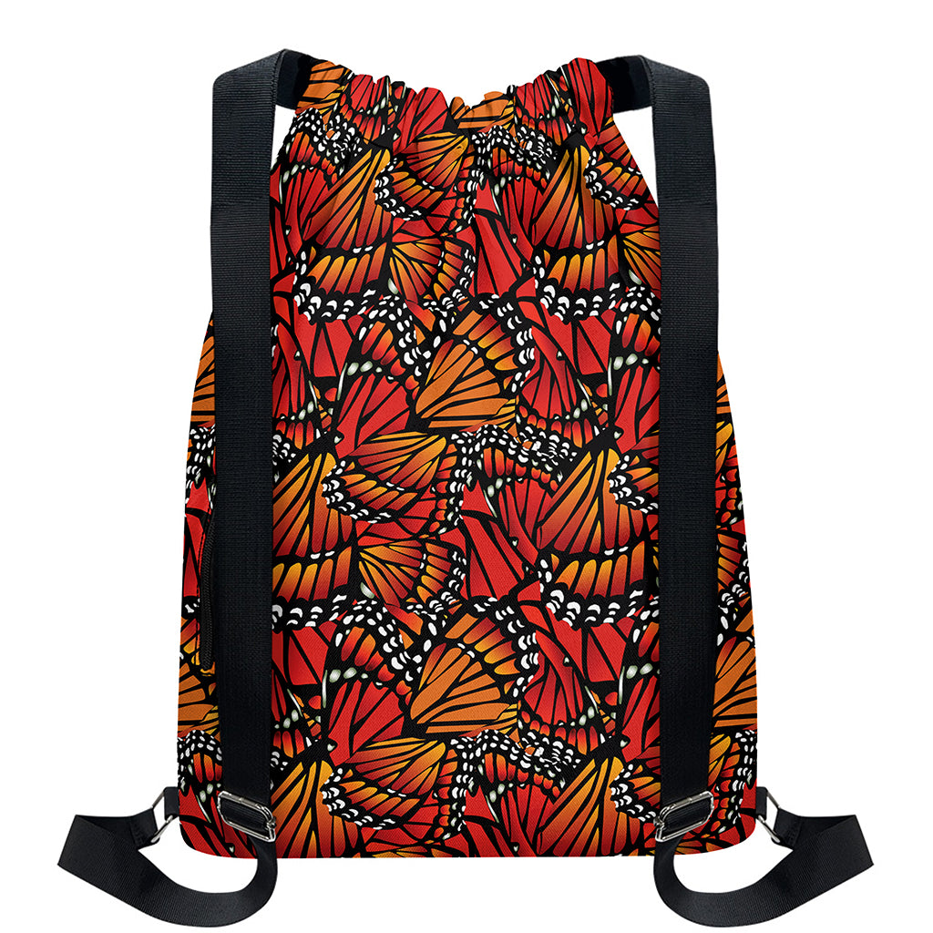 Orange Monarch Butterfly Wings Print Drawstring Backpack