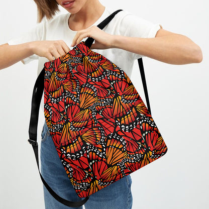 Orange Monarch Butterfly Wings Print Drawstring Backpack