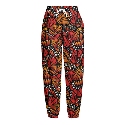 Orange Monarch Butterfly Wings Print Fleece Lined Knit Pants