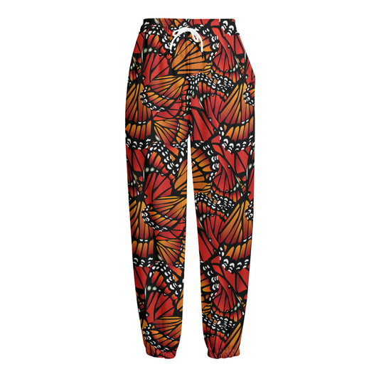 Orange Monarch Butterfly Wings Print Fleece Lined Knit Pants