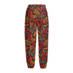 Orange Monarch Butterfly Wings Print Fleece Lined Knit Pants