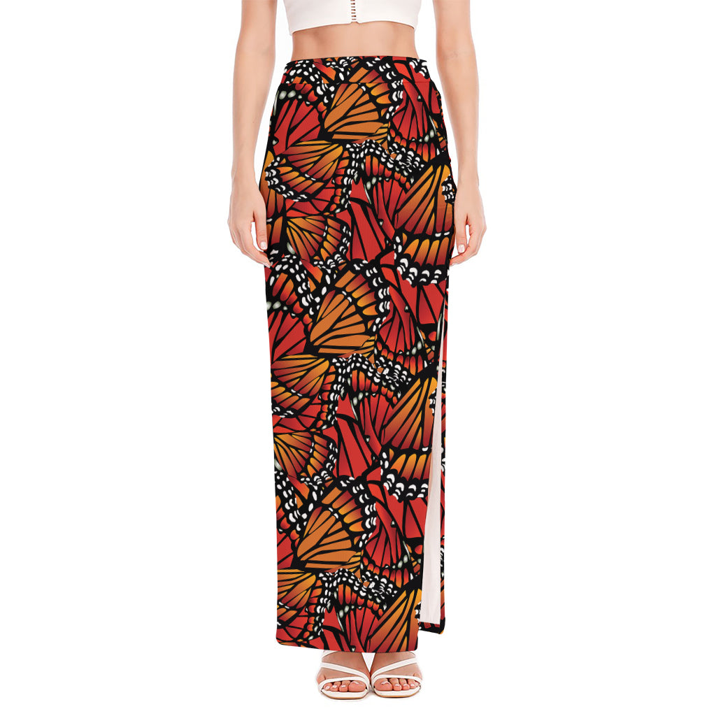 Orange Monarch Butterfly Wings Print High Slit Maxi Skirt