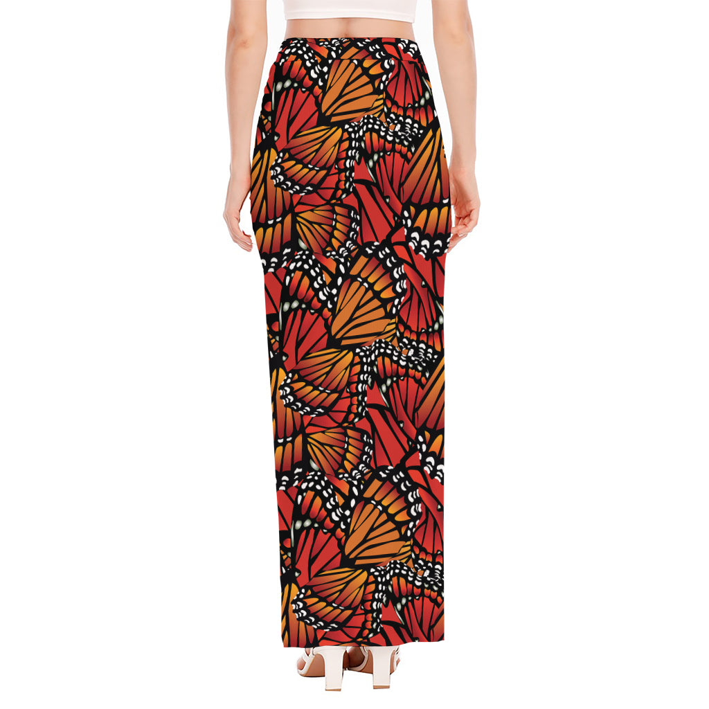 Orange Monarch Butterfly Wings Print High Slit Maxi Skirt