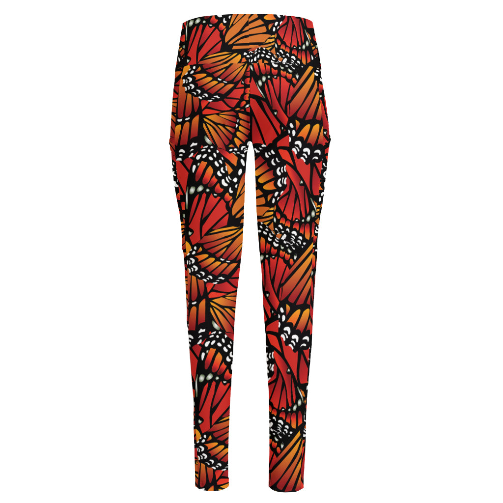 Orange Monarch Butterfly Wings Print High-Waisted Pocket Leggings