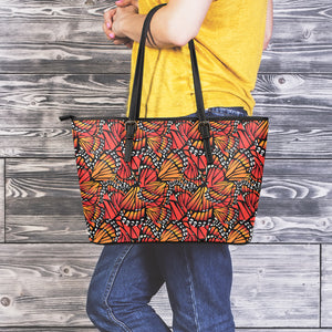 Orange Monarch Butterfly Wings Print Leather Tote Bag