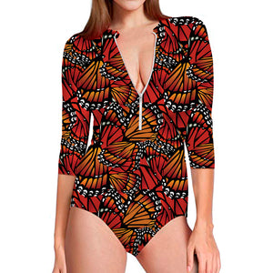 Orange Monarch Butterfly Wings Print Long Sleeve Swimsuit