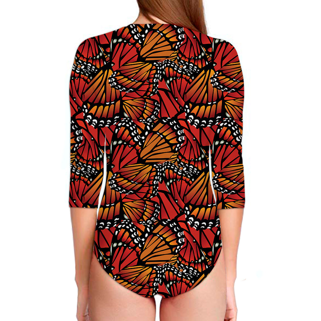 Orange Monarch Butterfly Wings Print Long Sleeve Swimsuit