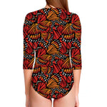 Orange Monarch Butterfly Wings Print Long Sleeve Swimsuit