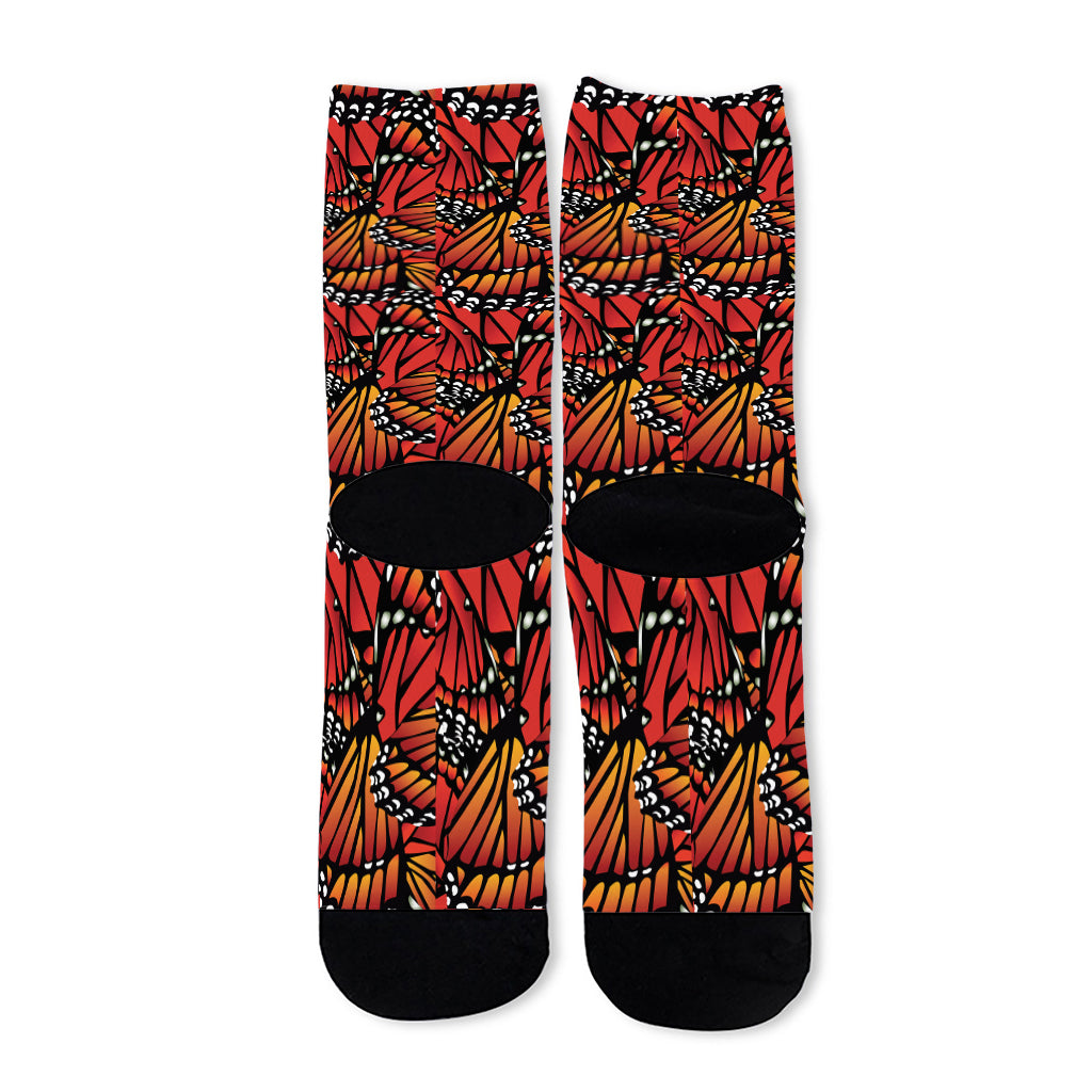 Orange Monarch Butterfly Wings Print Long Socks