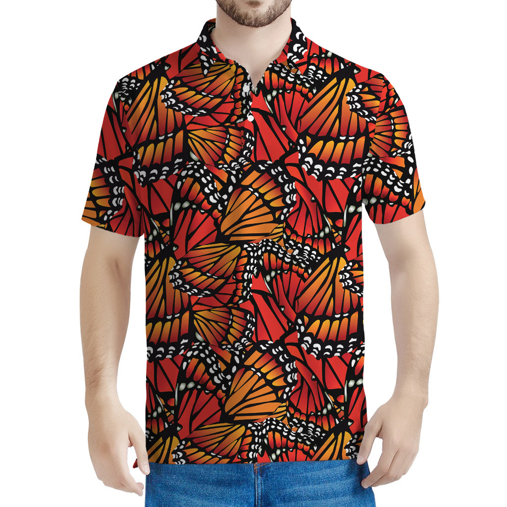 Orange Monarch Butterfly Wings Print Men's Polo Shirt