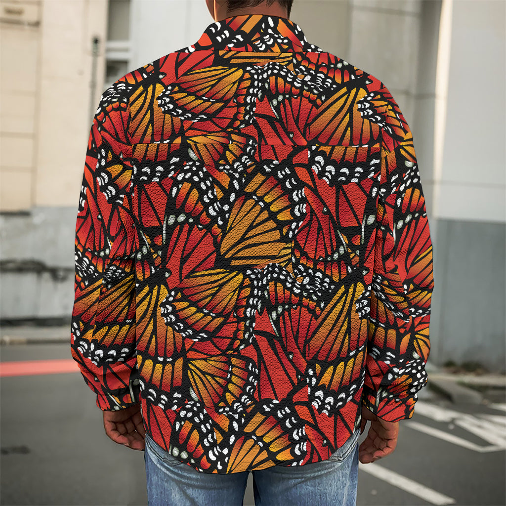 Orange Monarch Butterfly Wings Print Men's Shirt Jacket