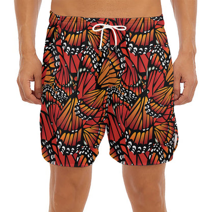 Orange Monarch Butterfly Wings Print Men's Split Running Shorts