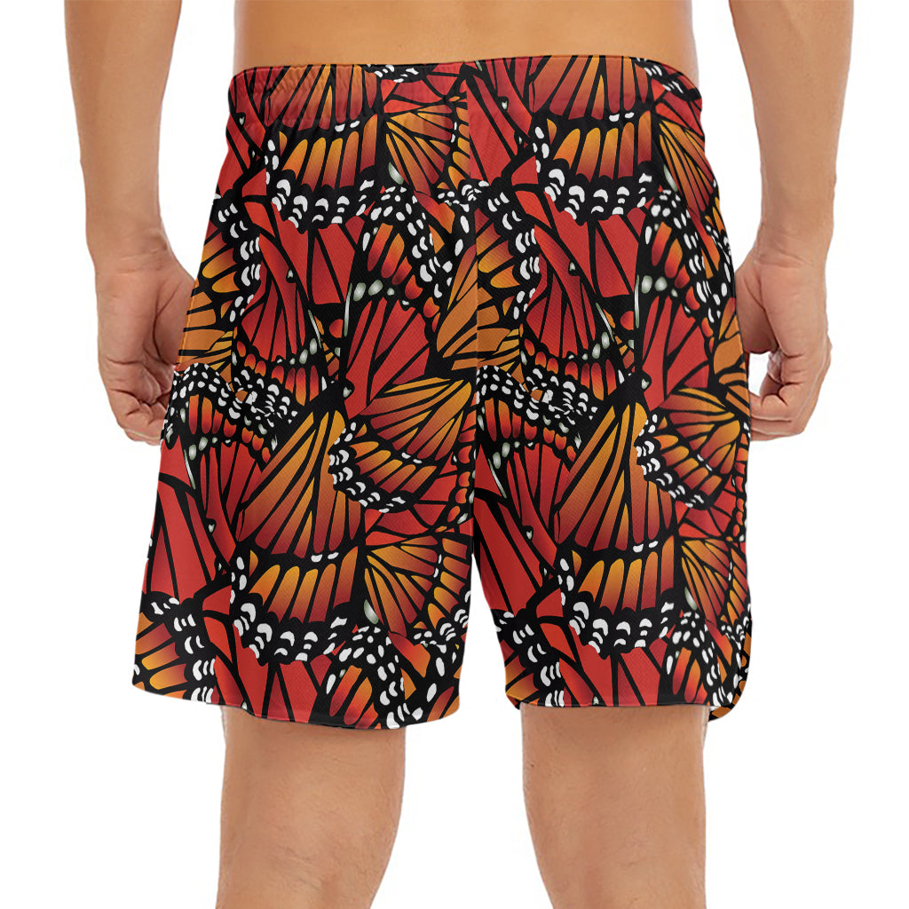 Orange Monarch Butterfly Wings Print Men's Split Running Shorts