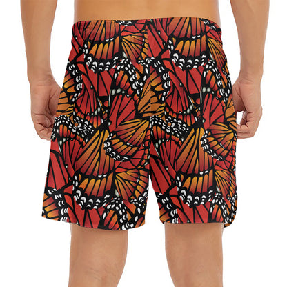 Orange Monarch Butterfly Wings Print Men's Split Running Shorts