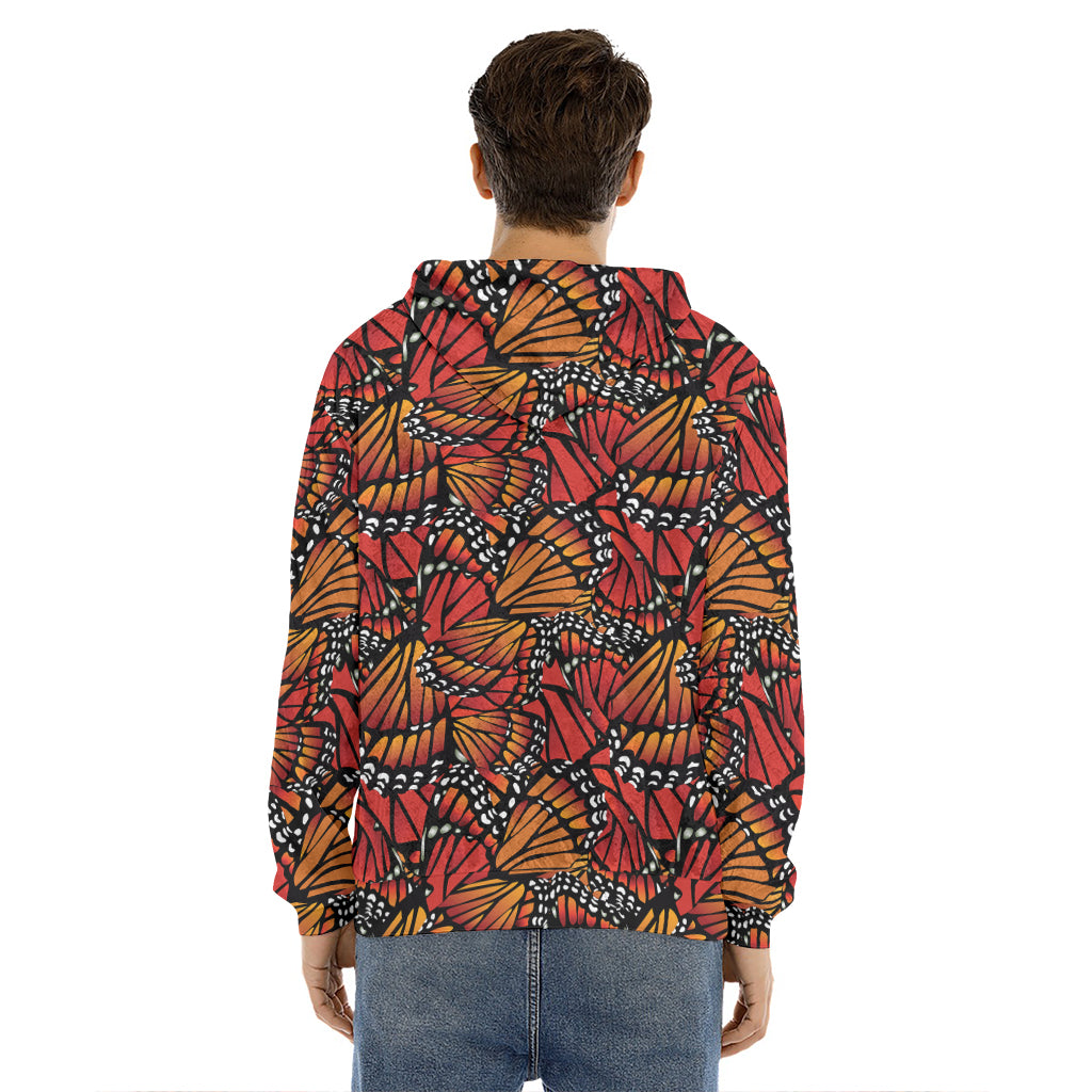 Orange Monarch Butterfly Wings Print Men's Velvet Pullover Hoodie
