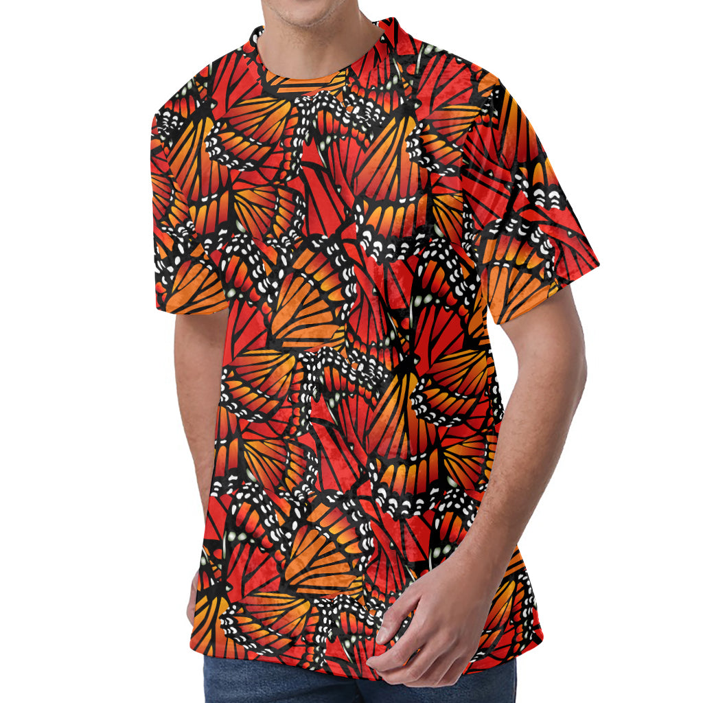 Orange Monarch Butterfly Wings Print Men's Velvet T-Shirt