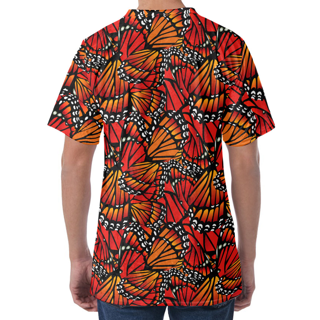 Orange Monarch Butterfly Wings Print Men's Velvet T-Shirt