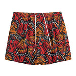 Orange Monarch Butterfly Wings Print Mesh Shorts