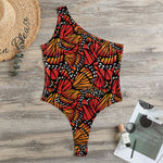 Orange Monarch Butterfly Wings Print One Shoulder Bodysuit