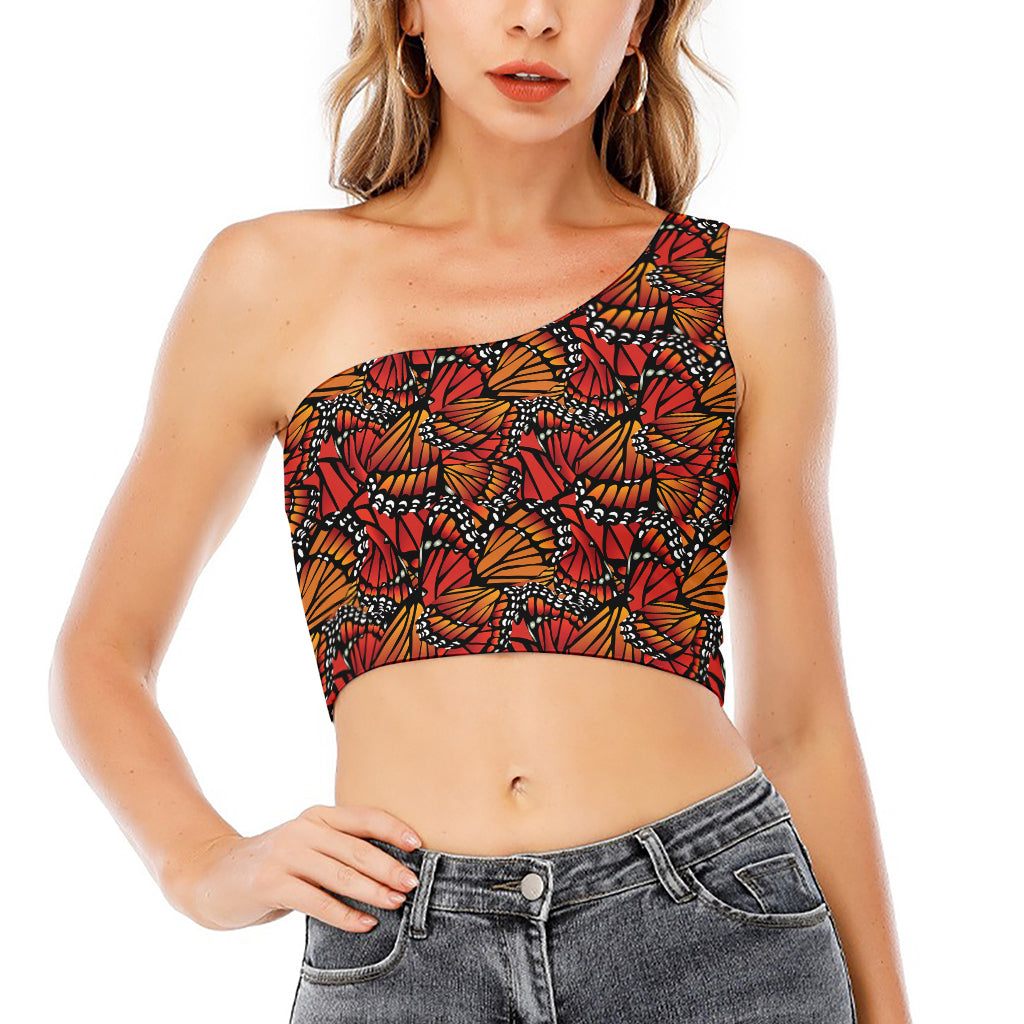 Orange Monarch Butterfly Wings Print One Shoulder Crop Top