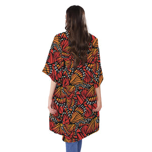 Orange Monarch Butterfly Wings Print Open Front Beach Cover Up