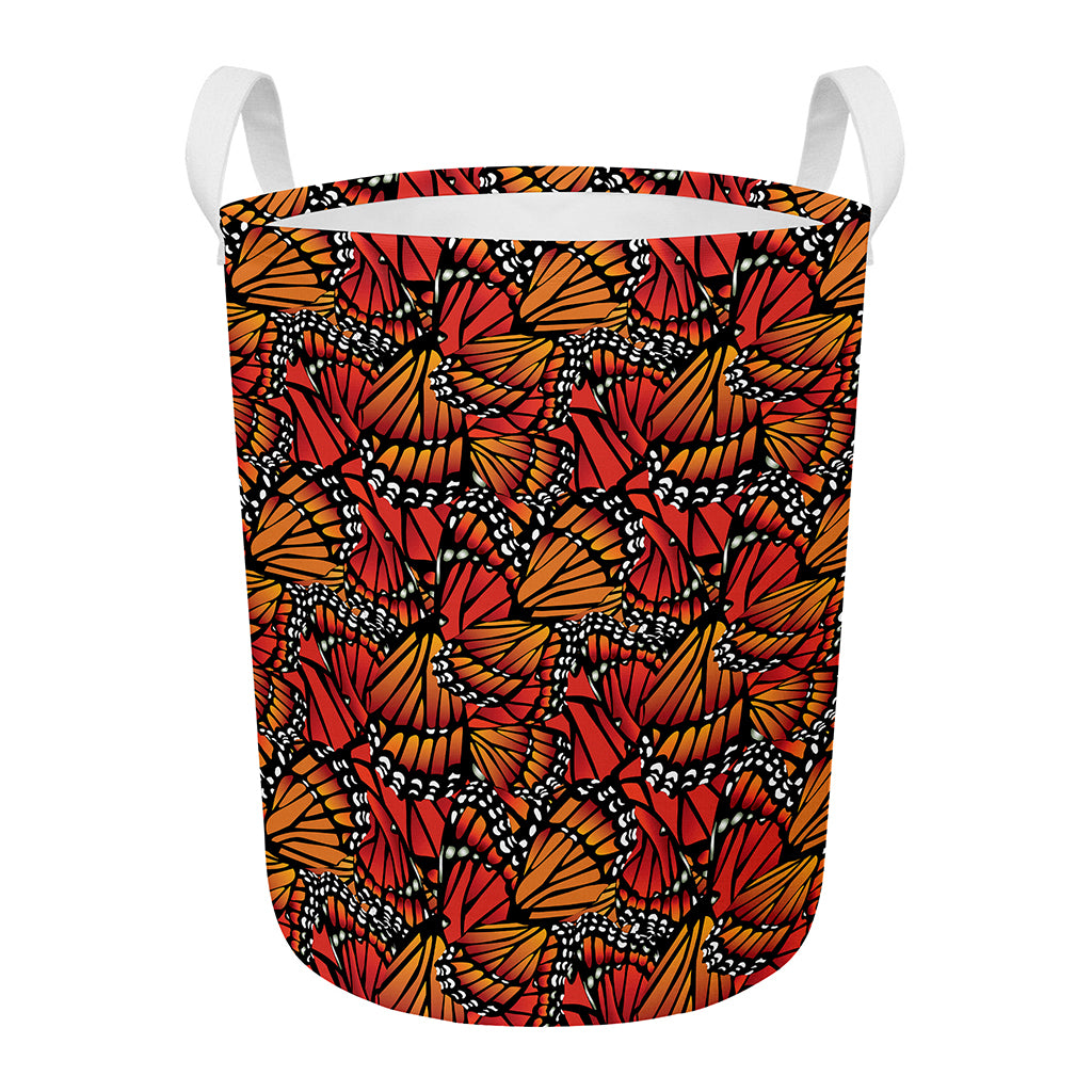 Orange Monarch Butterfly Wings Print Round Laundry Basket