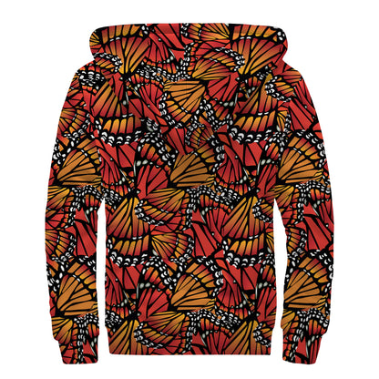 Orange Monarch Butterfly Wings Print Sherpa Lined Zip Up Hoodie