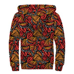 Orange Monarch Butterfly Wings Print Sherpa Lined Zip Up Hoodie