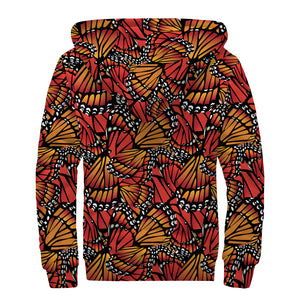 Orange Monarch Butterfly Wings Print Sherpa Lined Zip Up Hoodie