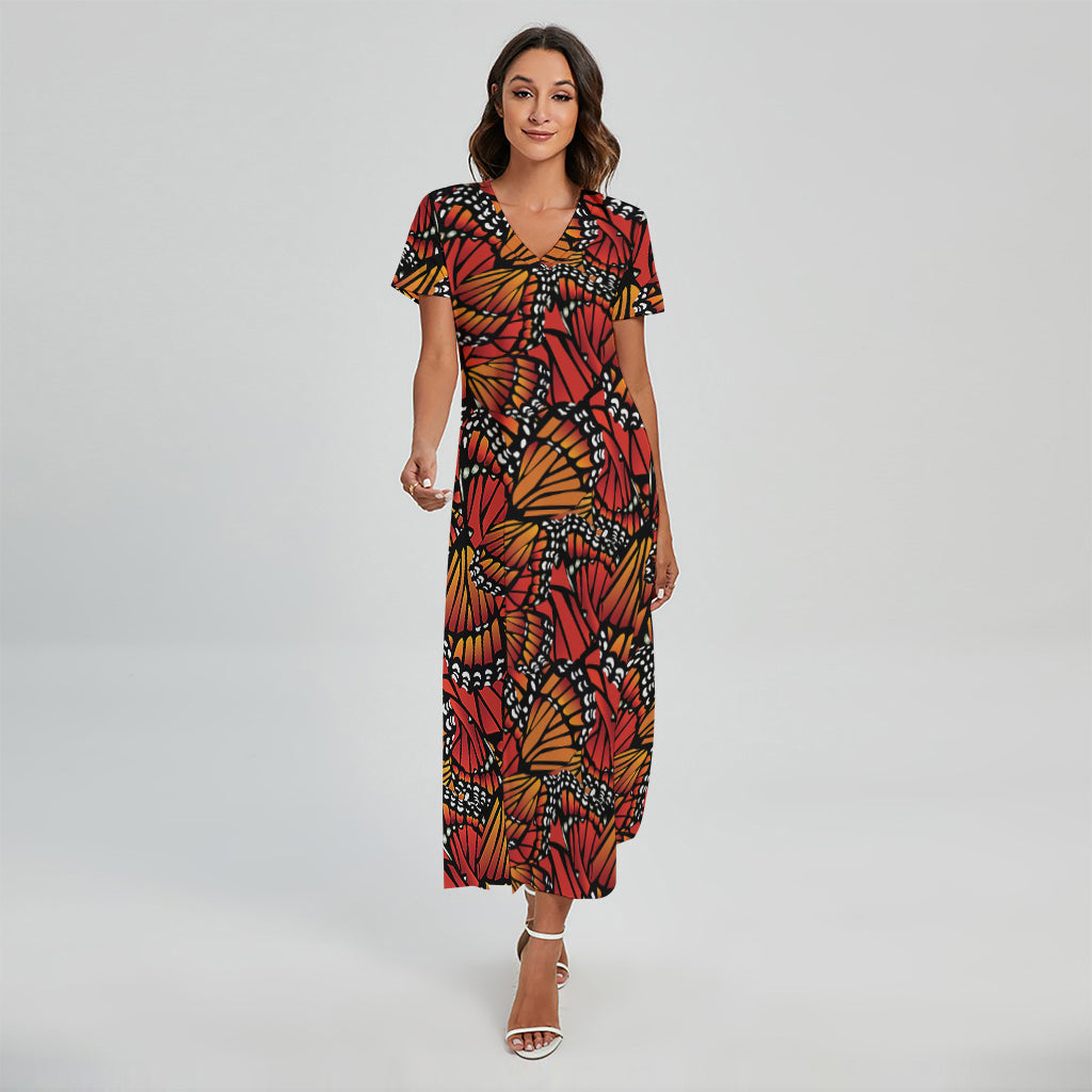 Orange Monarch Butterfly Wings Print Short Sleeve Maxi Dress