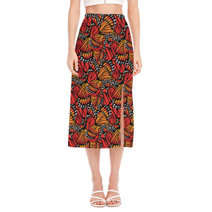 Orange Monarch Butterfly Wings Print Side Slit Midi Skirt