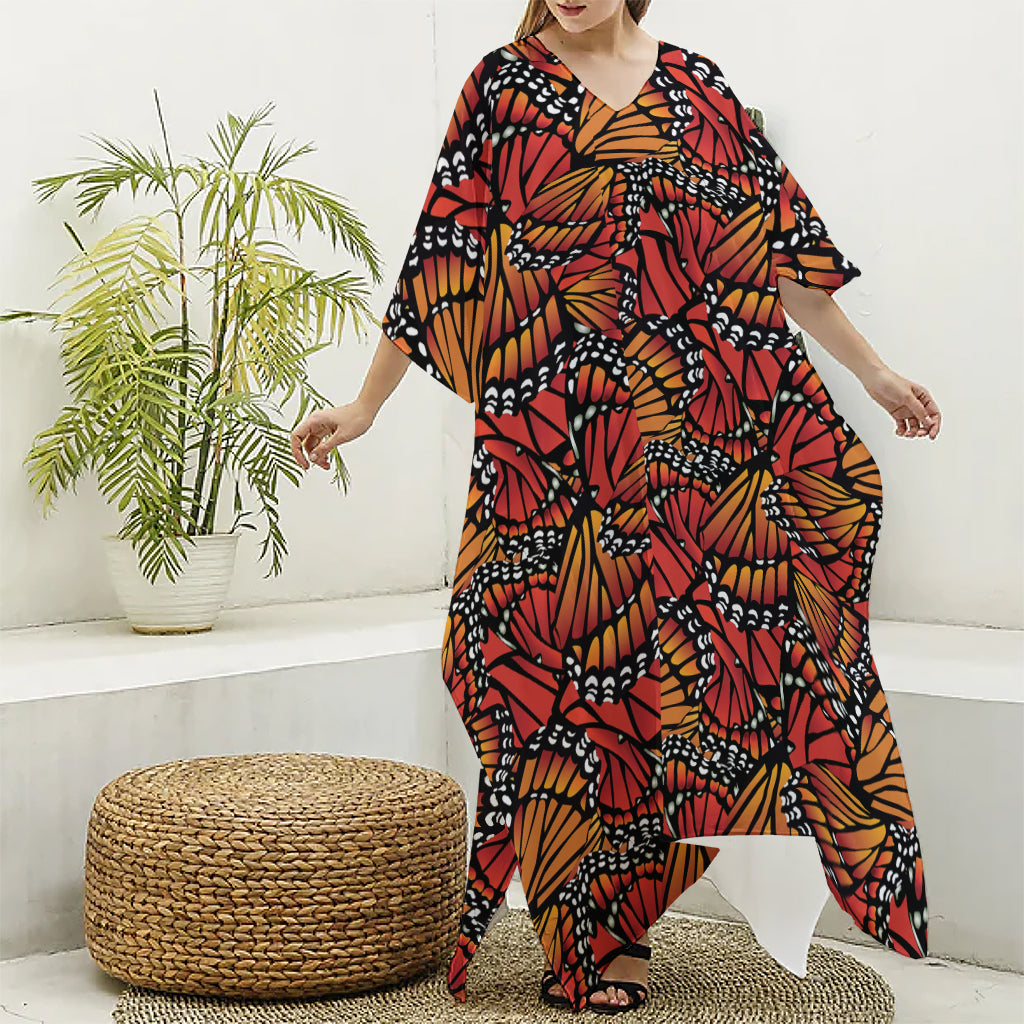 Orange Monarch Butterfly Wings Print Silk V-Neck Kaftan Dress