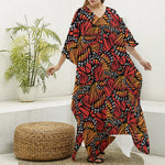 Orange Monarch Butterfly Wings Print Silk V-Neck Kaftan Dress